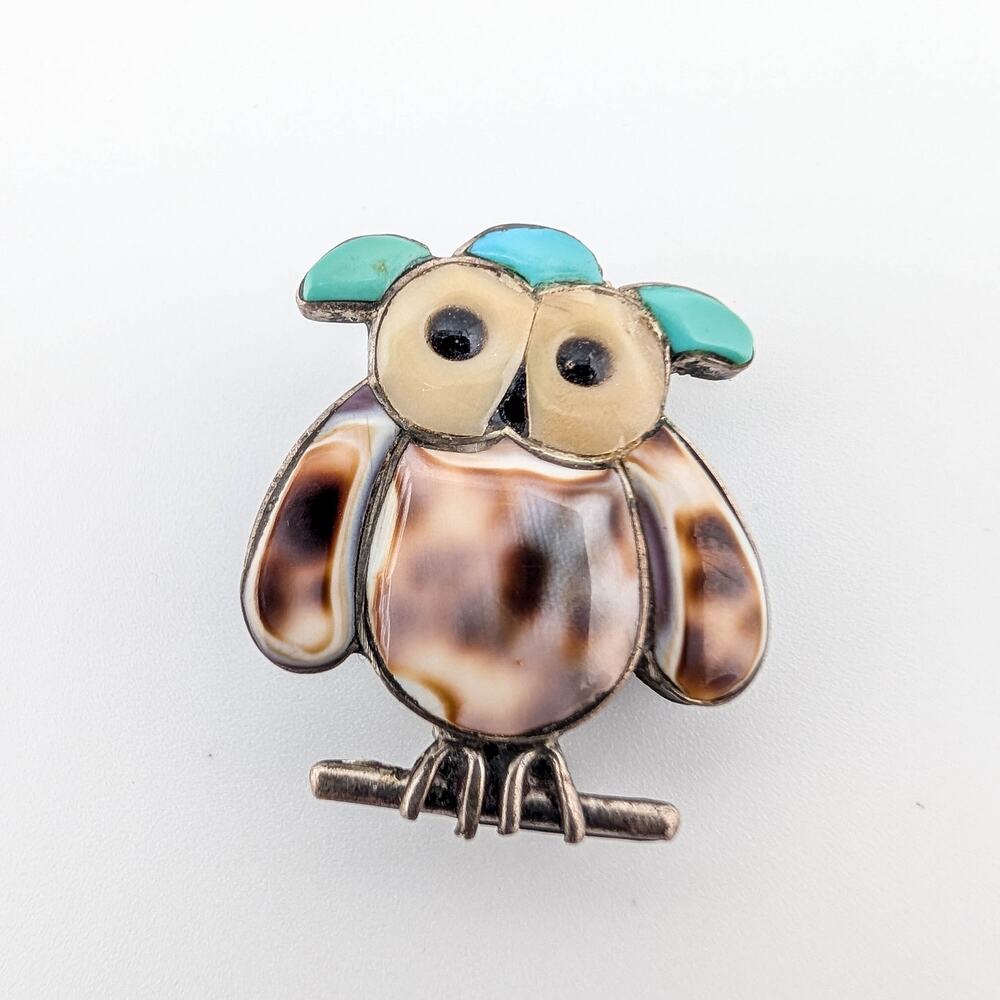 Vintage Sterling Silver Zuni Owl Brooch Pin Inlay Design